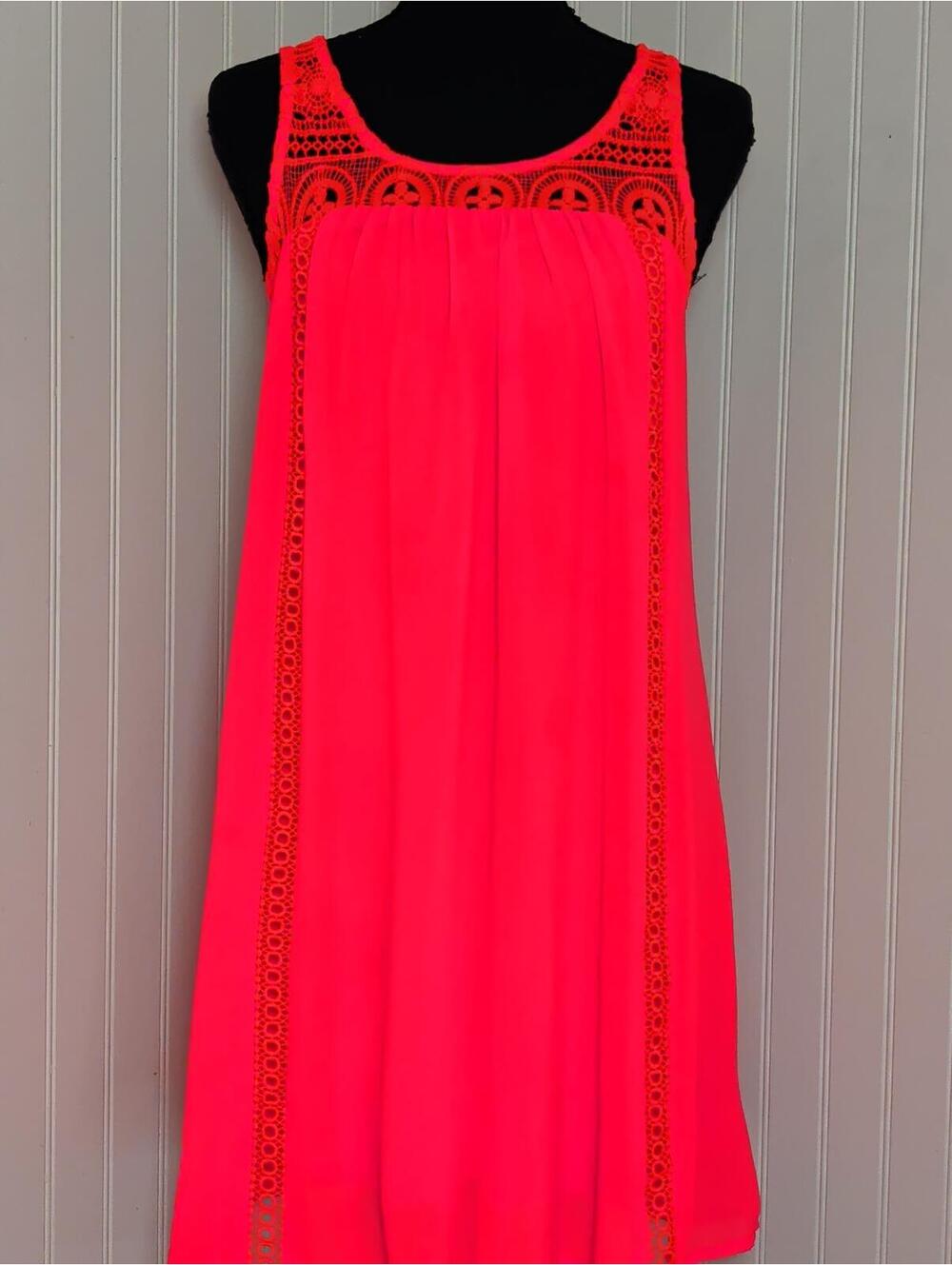 My Michelle Neon Pink Orange Boho Sleeveless Dress with Crochet Detail Size S